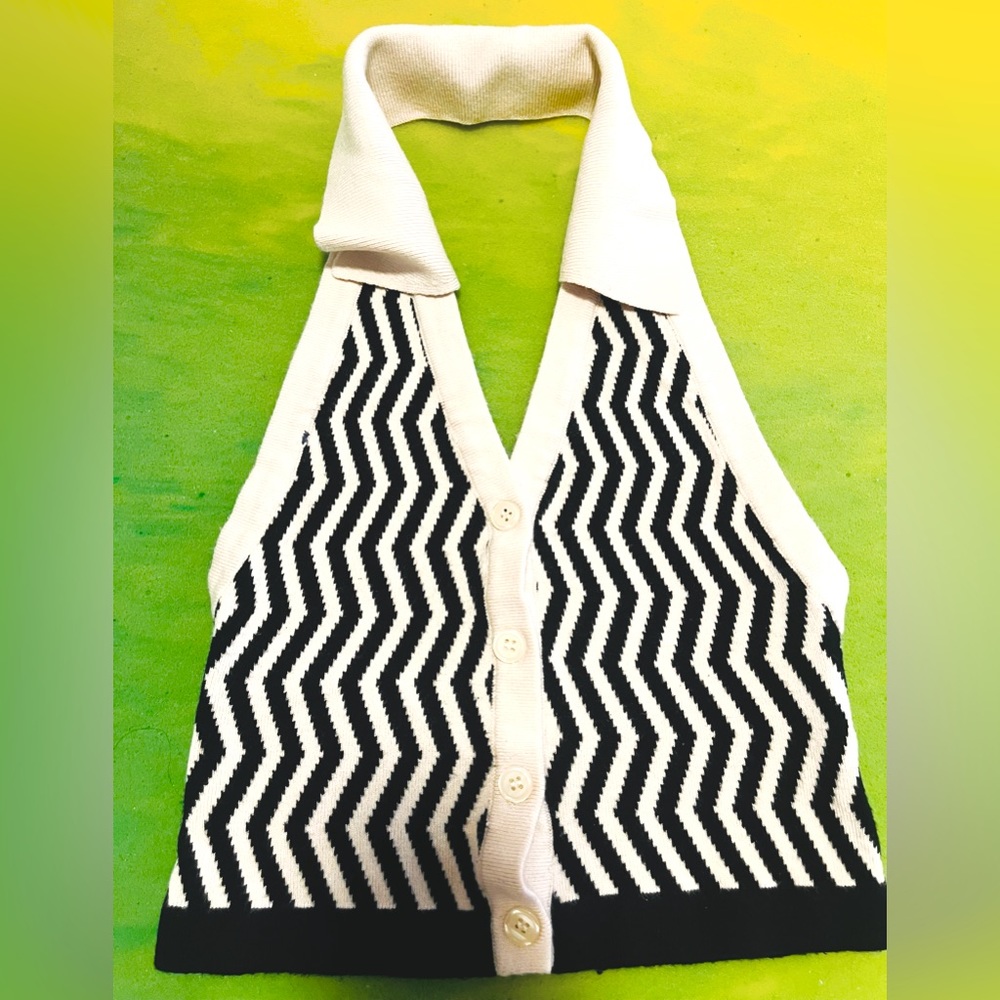 Black and Cream Zig Zag Halter Botton Down Top